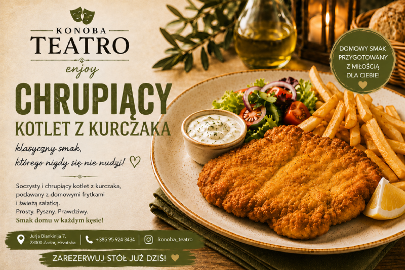 Chrupiący kotlet z kurczaka – soczysty w środku i idealny na domowy obiad lub kolację w Konobie Teatro w Zadarze